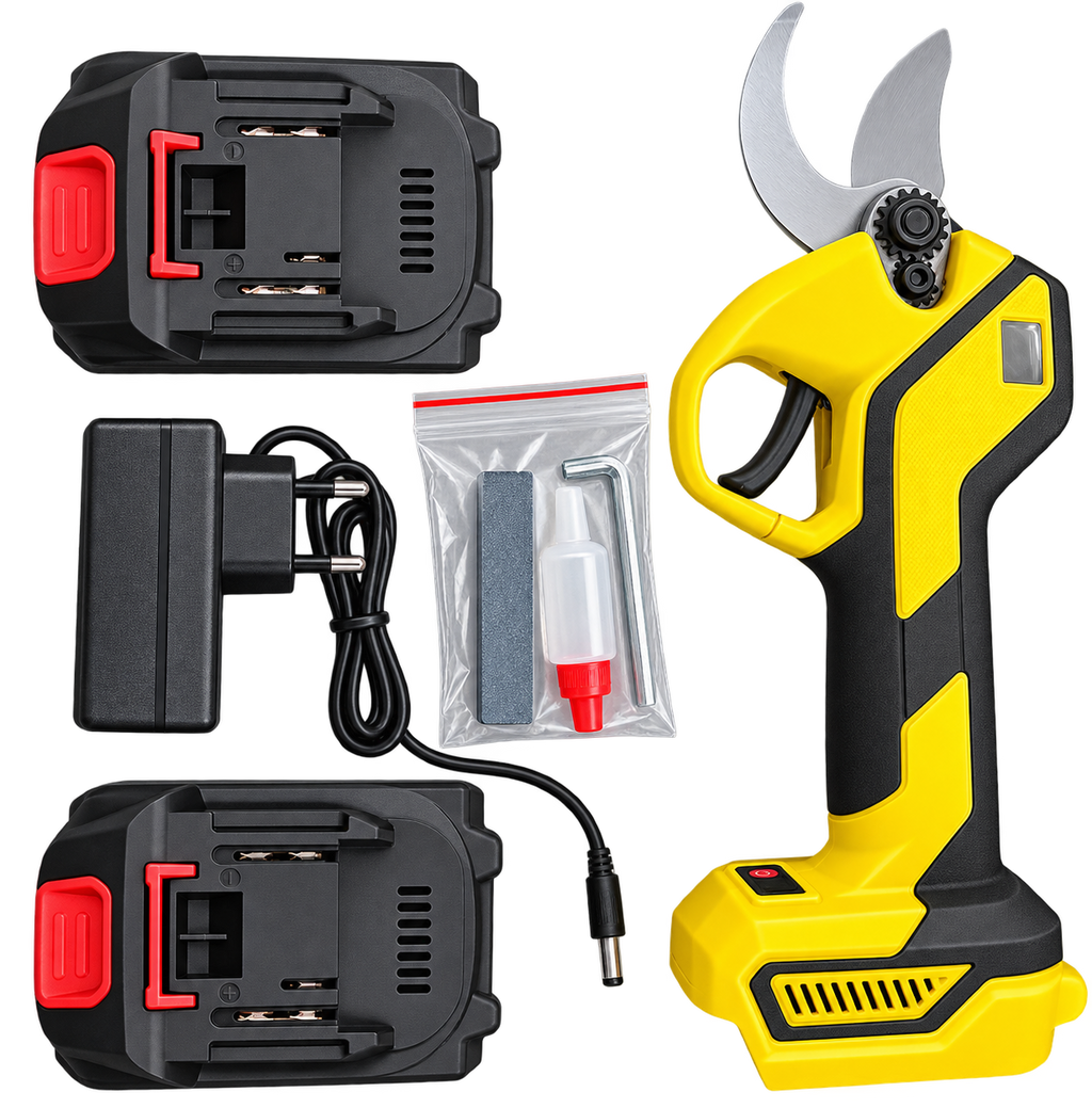 Foarfecă Galbenă Electrică de Grădină GEO-LUX 21V – 2 Acumulatori 2000 mAh, Display Digital, Set Complet în Valiză