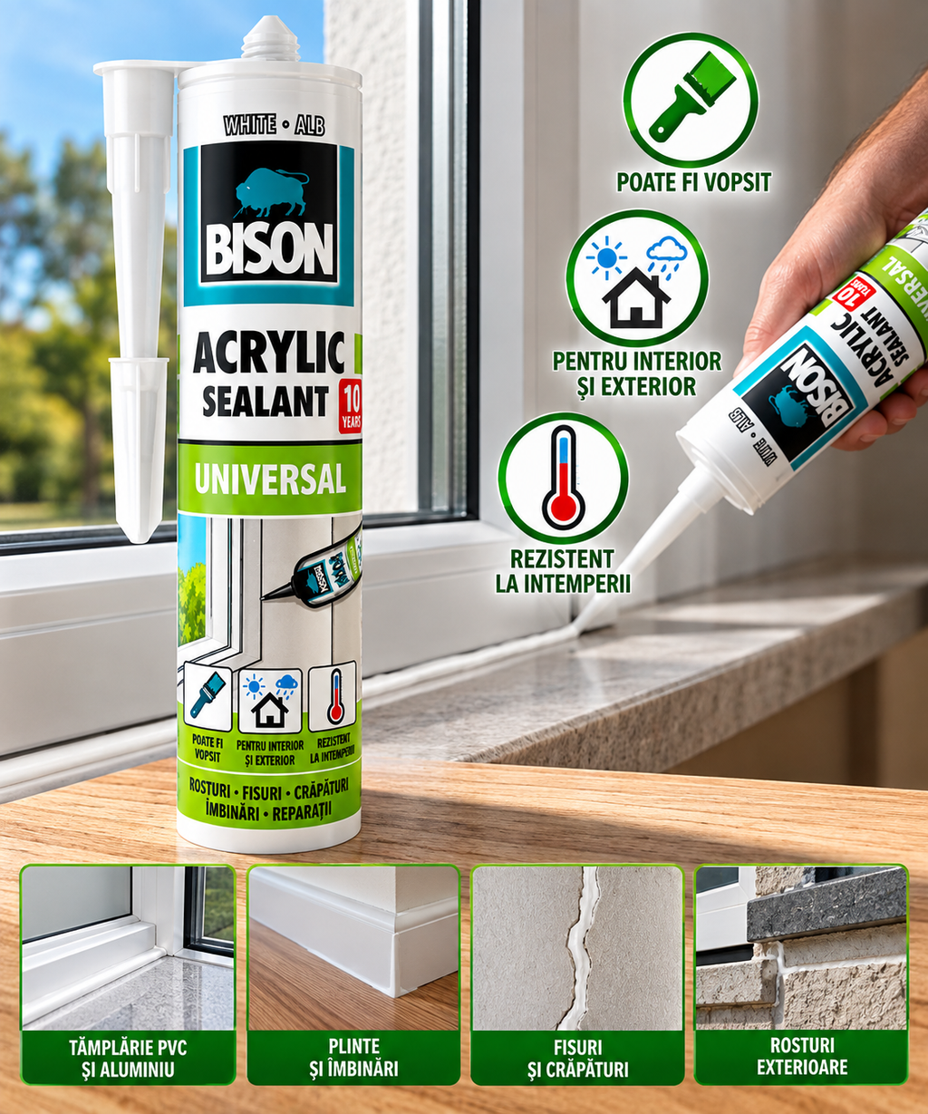 Etanșant Acrilic Universal Bison – Alb, pentru Interior și Exterior
