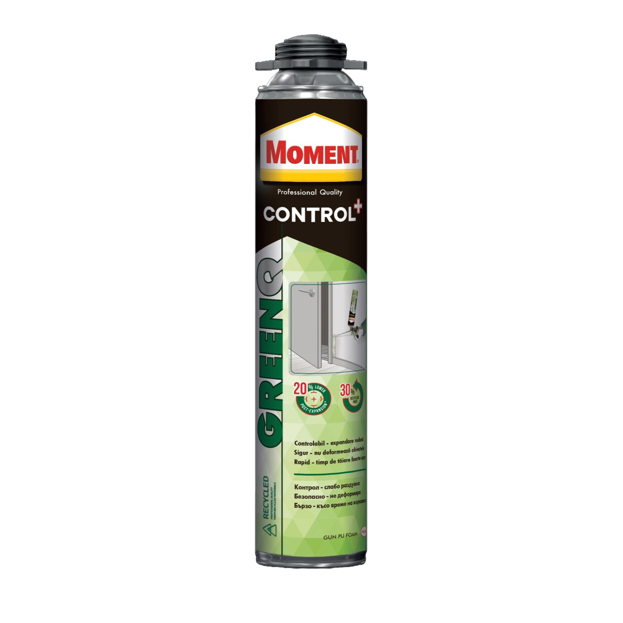 Spumă Poliuretanică Moment Control+ GreenQ pentru Pistol, 750 ml – Expandare Controlată pentru Montaj Uși și Ferestre