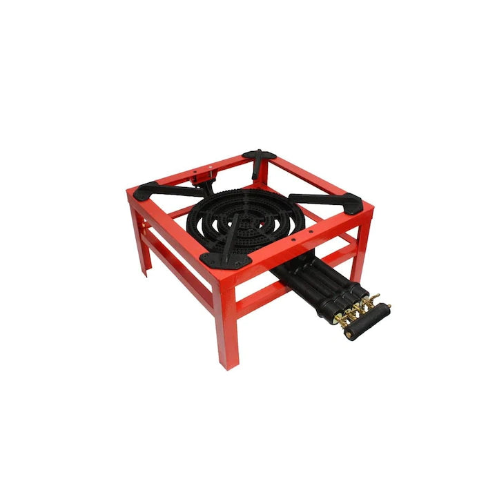Pirostrie Roșie din Fontă cu Patru Focuri 45 × 45 cm – Suport pentru Gătit la Ceaun, Tuci și Vase din Fontă