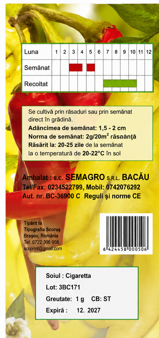 Semințe Ardei Iute Bulgăresc Cigaretta Semagro – 1 g