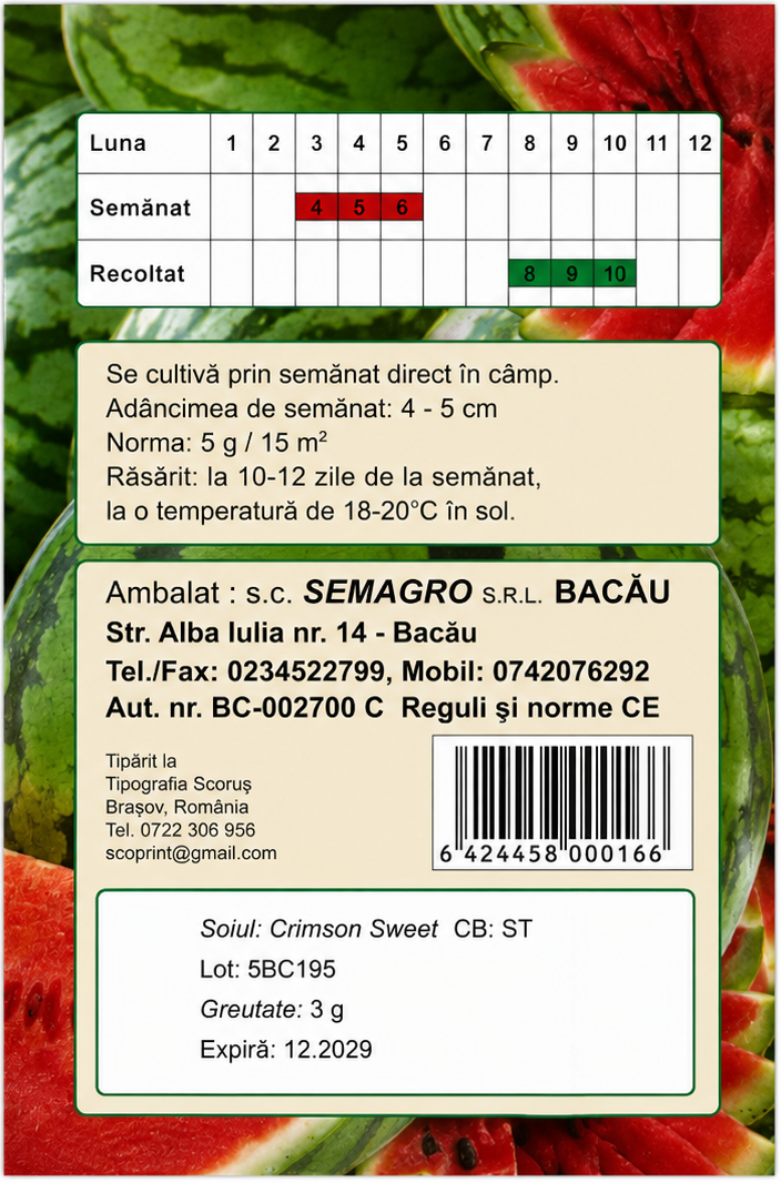 Semințe Pepene Verde Crimson Sweet Semagro – 3 g